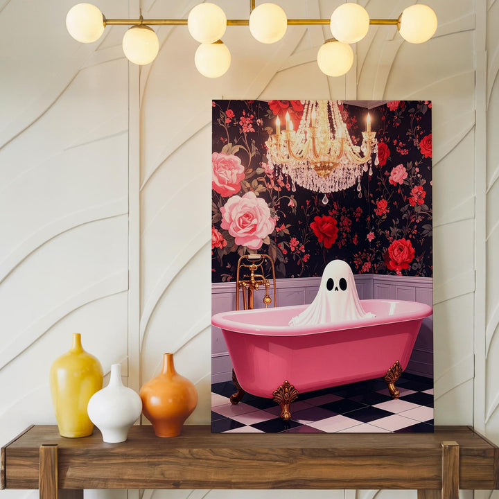 Glam Ghost in Pink Bathtub Canvas – Playful Vintage Halloween Wall Art - Gifitto