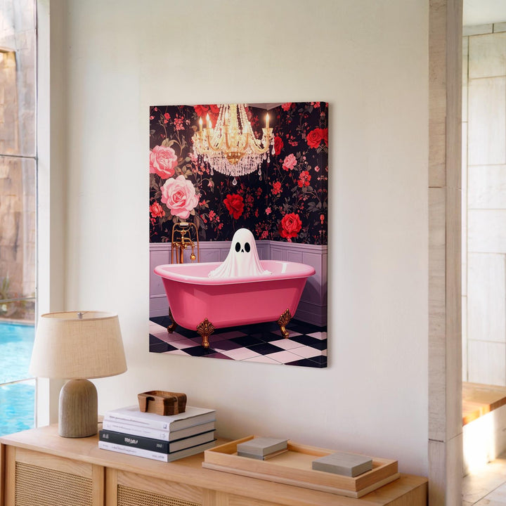 Glam Ghost in Pink Bathtub Canvas – Playful Vintage Halloween Wall Art - Gifitto