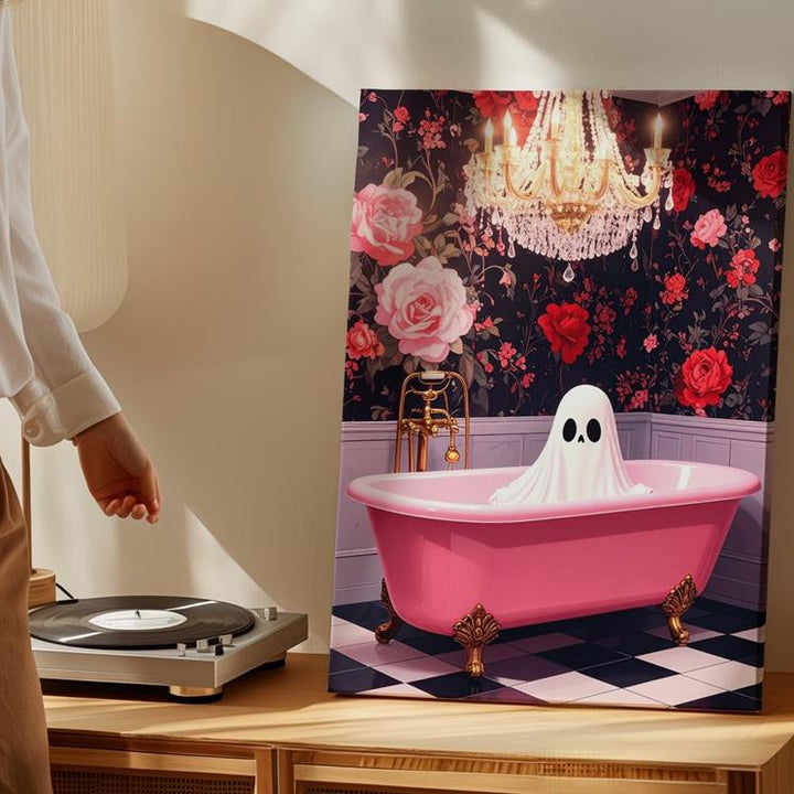 Glam Ghost in Pink Bathtub Canvas – Playful Vintage Halloween Wall Art - Gifitto