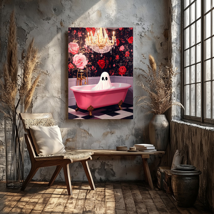 Glam Ghost in Pink Bathtub Canvas – Playful Vintage Halloween Wall Art - Gifitto