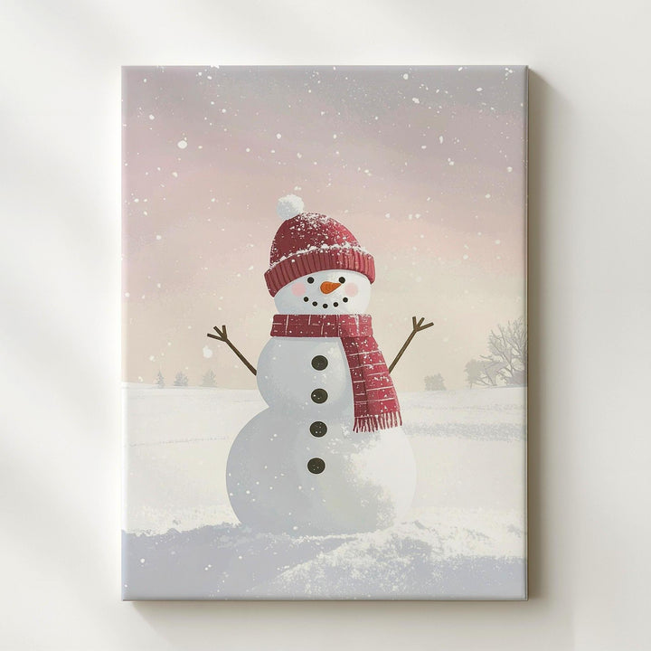 Playful Snowman in Pink Canvas – Cute Holiday Wall Art with Childlike Charm - Gifitto