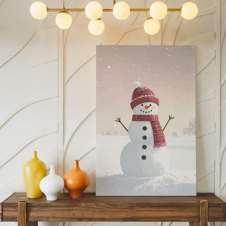 Playful Snowman in Pink Canvas – Cute Holiday Wall Art with Childlike Charm - Gifitto