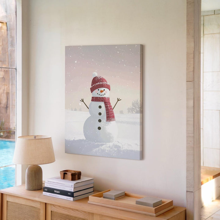 Playful Snowman in Pink Canvas – Cute Holiday Wall Art with Childlike Charm - Gifitto