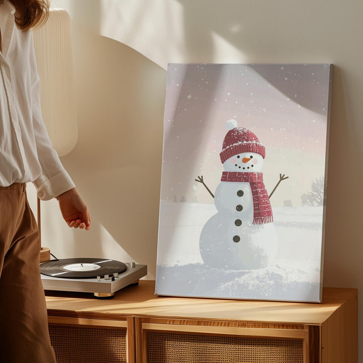 Playful Snowman in Pink Canvas – Cute Holiday Wall Art with Childlike Charm - Gifitto