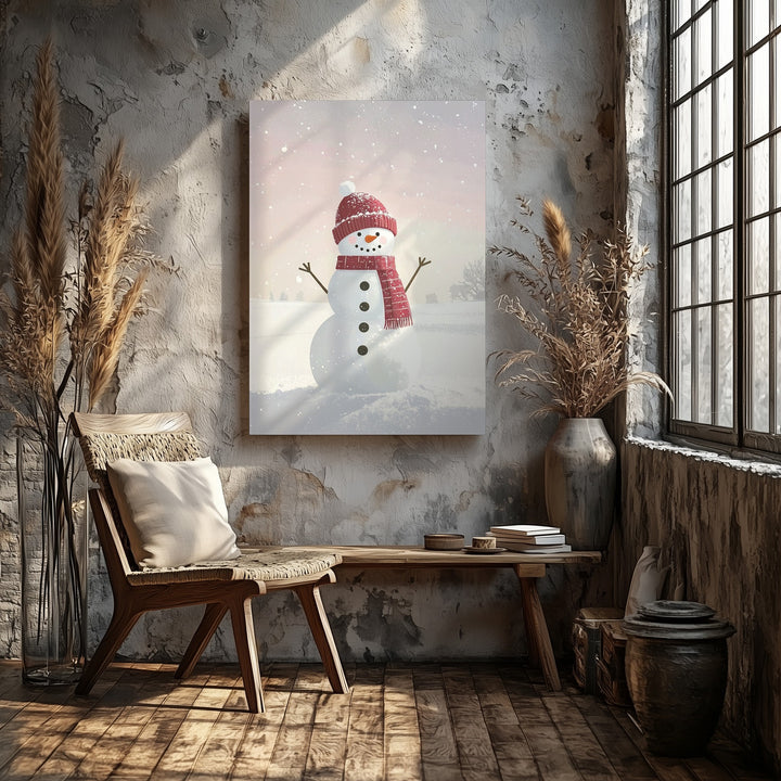 Playful Snowman in Pink Canvas – Cute Holiday Wall Art with Childlike Charm - Gifitto