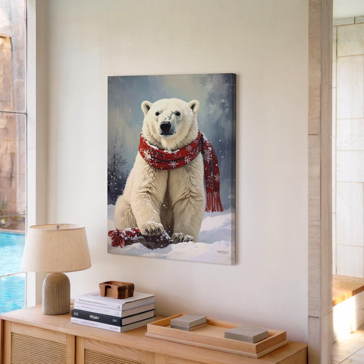 Polar Bear Cub in Snow Canvas – Cozy Holiday Wildlife Wall Art - Gifitto