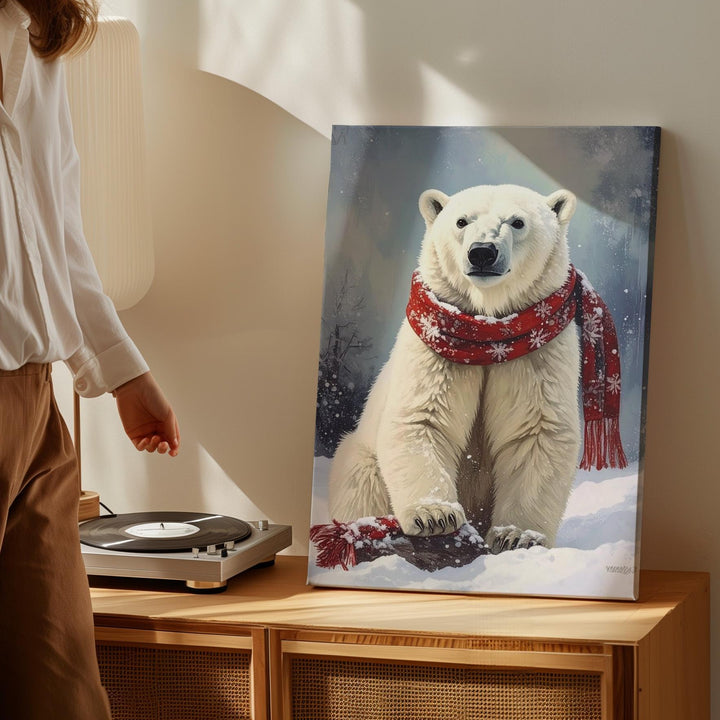Polar Bear Cub in Snow Canvas – Cozy Holiday Wildlife Wall Art - Gifitto