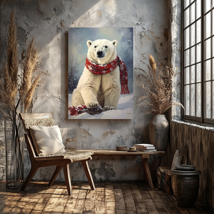 Polar Bear Cub in Snow Canvas – Cozy Holiday Wildlife Wall Art - Gifitto