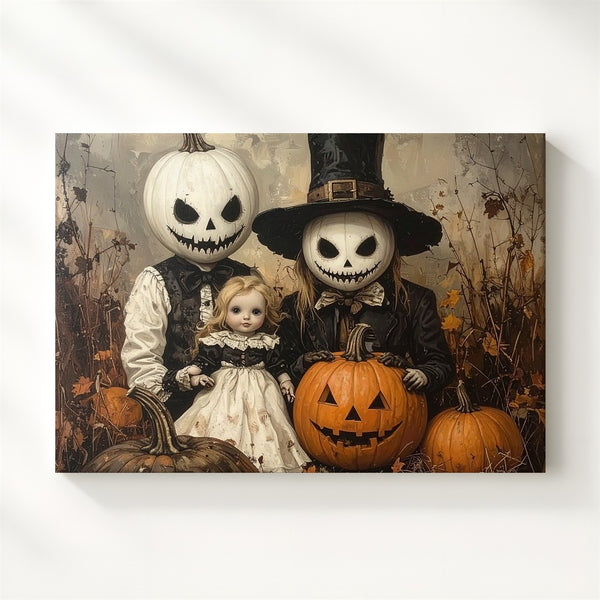 Pumpkin-Headed Couple Portrait Canvas – Vintage Surreal Halloween Art - Gifitto