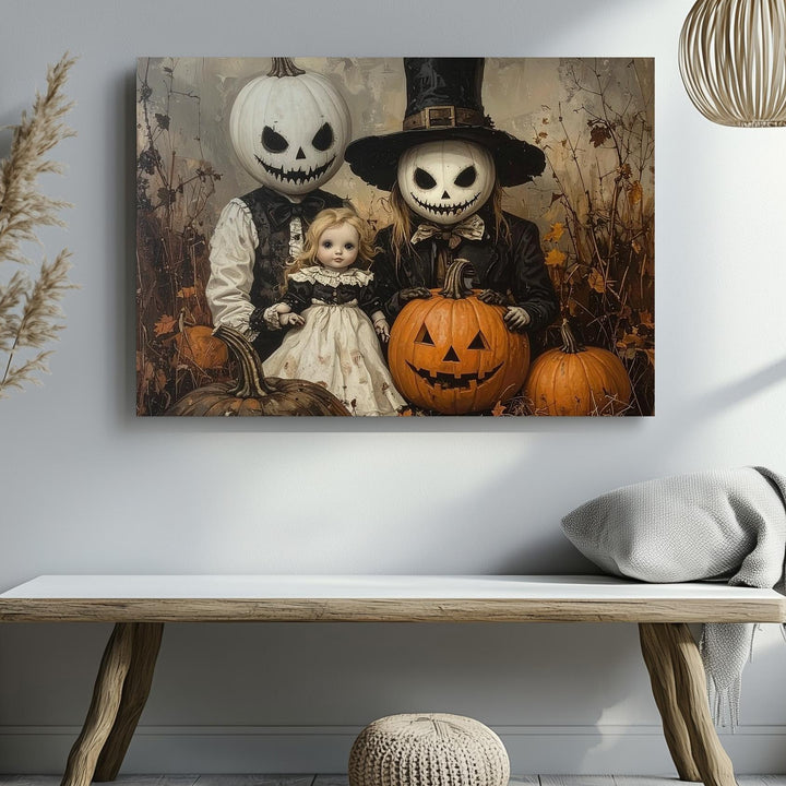 Pumpkin-Headed Couple Portrait Canvas – Vintage Surreal Halloween Art - Gifitto