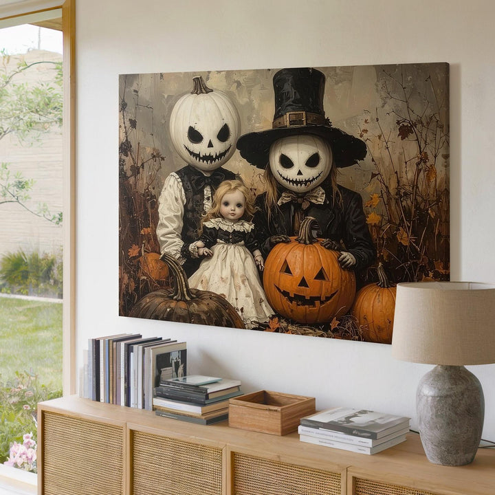 Pumpkin-Headed Couple Portrait Canvas – Vintage Surreal Halloween Art - Gifitto