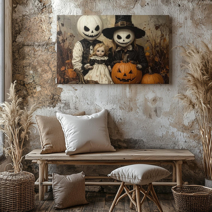 Pumpkin-Headed Couple Portrait Canvas – Vintage Surreal Halloween Art - Gifitto