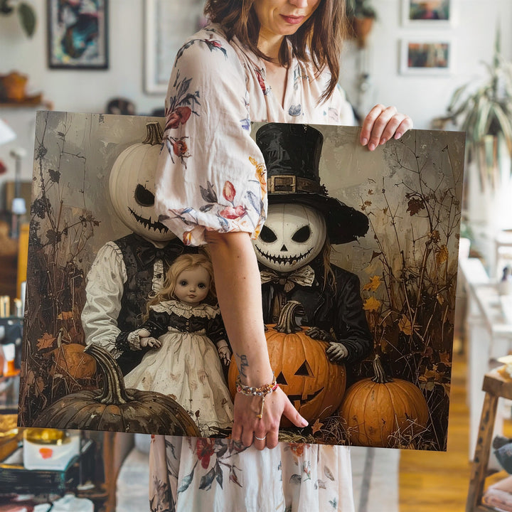 Pumpkin-Headed Couple Portrait Canvas – Vintage Surreal Halloween Art - Gifitto