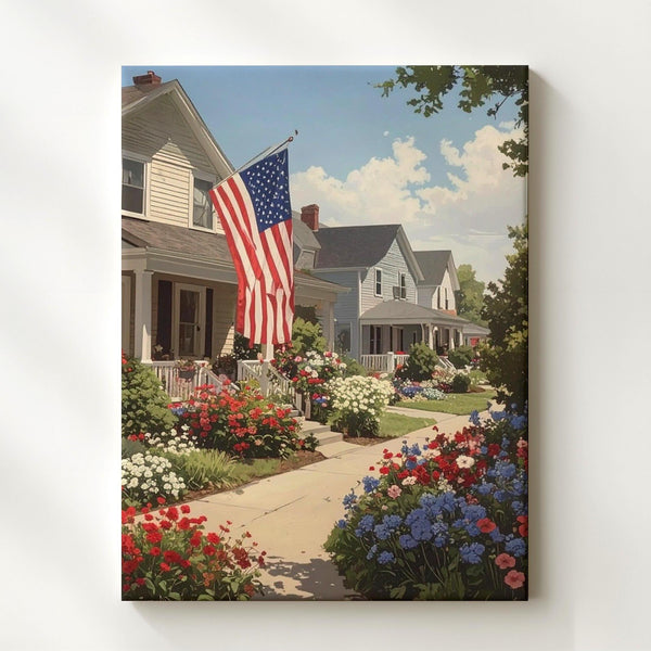 Patriotic Suburban Street Canvas – Flags & Red, White, Blue Summer Gardens - Gifitto