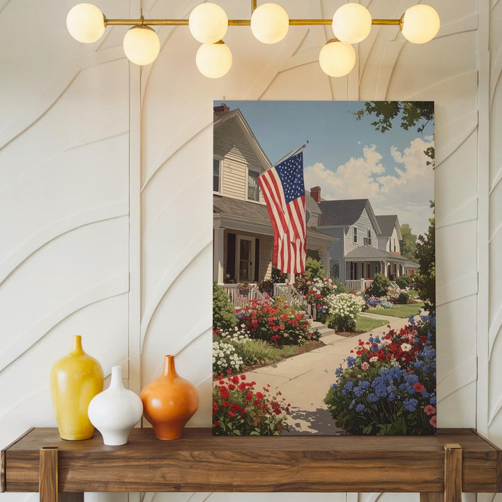 Patriotic Suburban Street Canvas – Flags & Red, White, Blue Summer Gardens - Gifitto