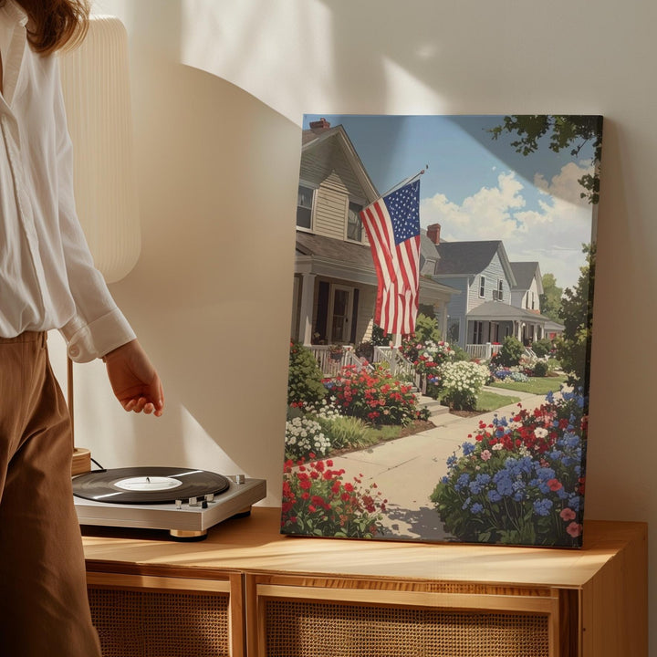 Patriotic Suburban Street Canvas – Flags & Red, White, Blue Summer Gardens - Gifitto