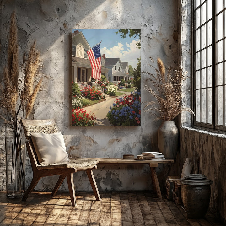 Patriotic Suburban Street Canvas – Flags & Red, White, Blue Summer Gardens - Gifitto