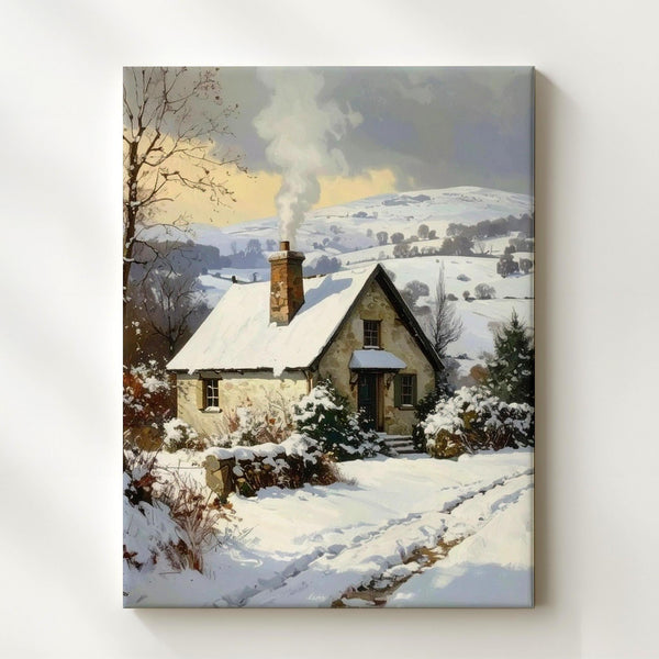 Snowy Cottage in Winter Hills Canvas – Cozy Rural Christmas Wall Art - Gifitto