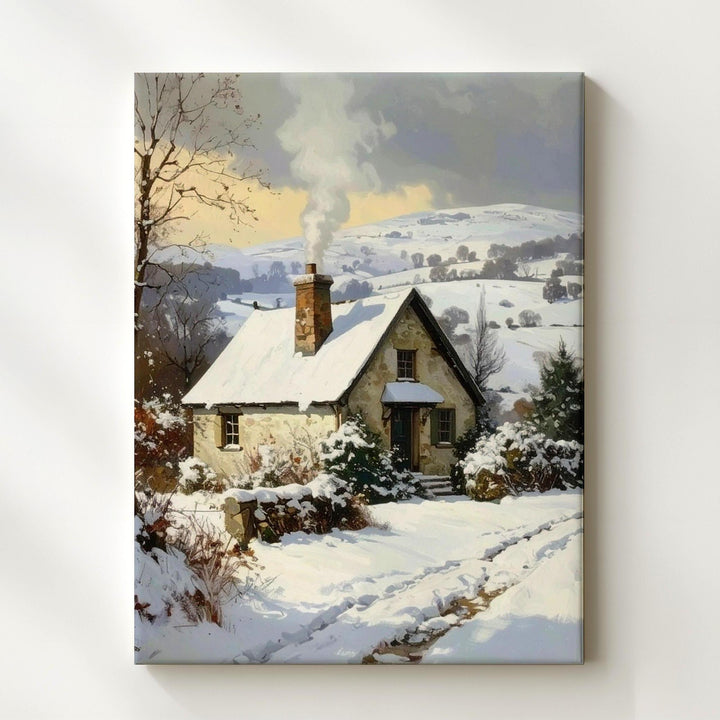 Snowy Cottage in Winter Hills Canvas – Cozy Rural Christmas Wall Art - Gifitto