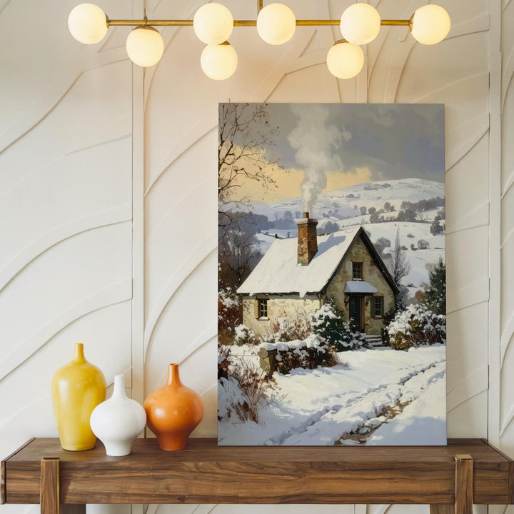Snowy Cottage in Winter Hills Canvas – Cozy Rural Christmas Wall Art - Gifitto