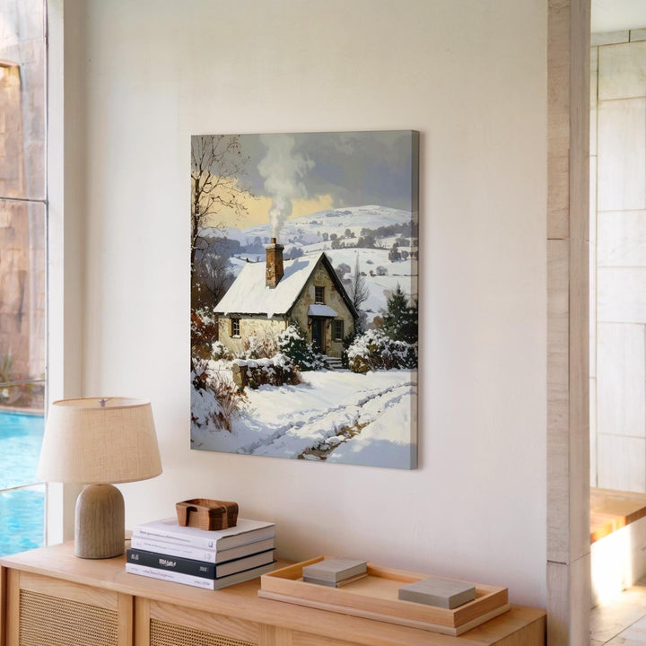 Snowy Cottage in Winter Hills Canvas – Cozy Rural Christmas Wall Art - Gifitto