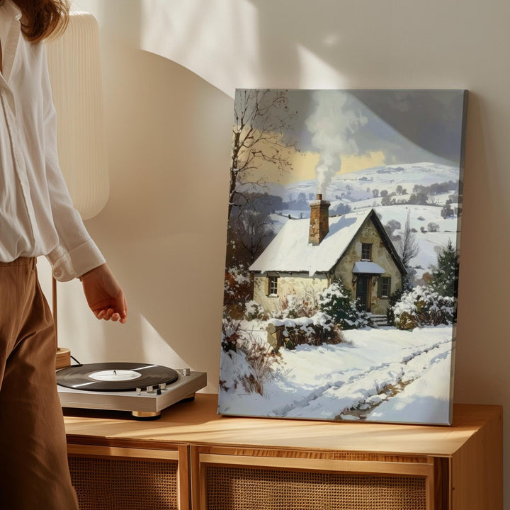 Snowy Cottage in Winter Hills Canvas – Cozy Rural Christmas Wall Art - Gifitto