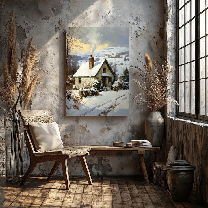 Snowy Cottage in Winter Hills Canvas – Cozy Rural Christmas Wall Art - Gifitto