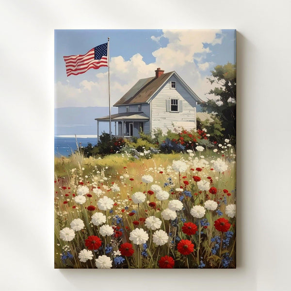 American Flag Coastal House Canvas – Patriotic Wildflower Country Art - Gifitto