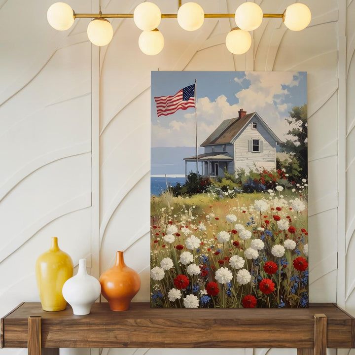 American Flag Coastal House Canvas – Patriotic Wildflower Country Art - Gifitto