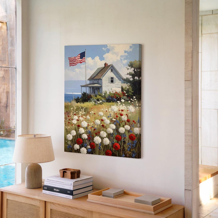 American Flag Coastal House Canvas – Patriotic Wildflower Country Art - Gifitto