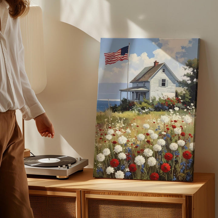 American Flag Coastal House Canvas – Patriotic Wildflower Country Art - Gifitto