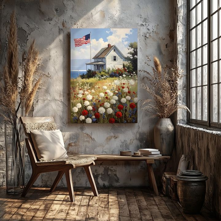 American Flag Coastal House Canvas – Patriotic Wildflower Country Art - Gifitto