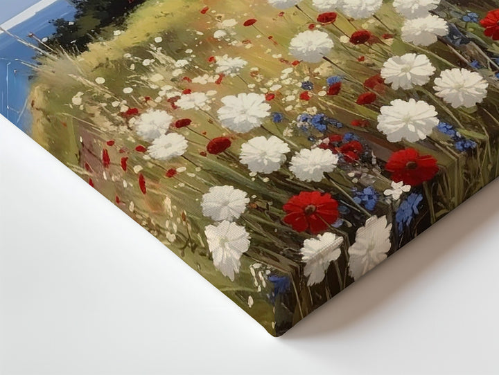 American Flag Coastal House Canvas – Patriotic Wildflower Country Art - Gifitto