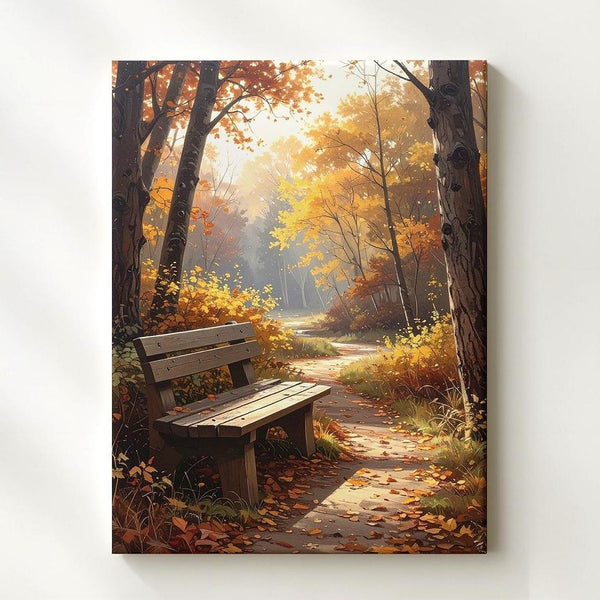 Autumn Solitude Canvas – Golden Forest Path with Empty Bench - Gifitto