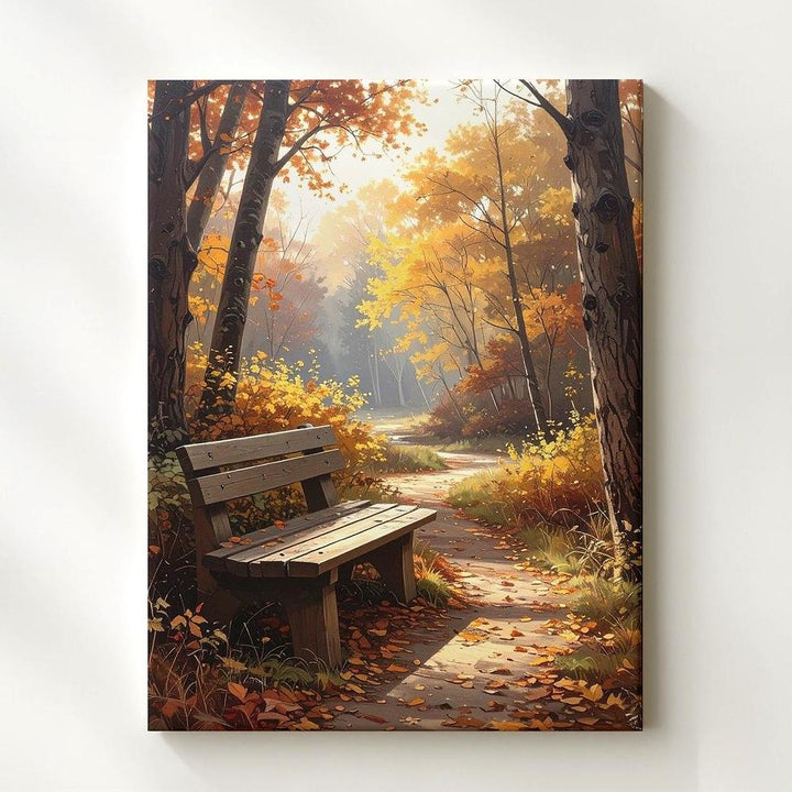 Autumn Solitude Canvas – Golden Forest Path with Empty Bench - Gifitto