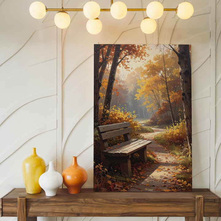 Autumn Solitude Canvas – Golden Forest Path with Empty Bench - Gifitto