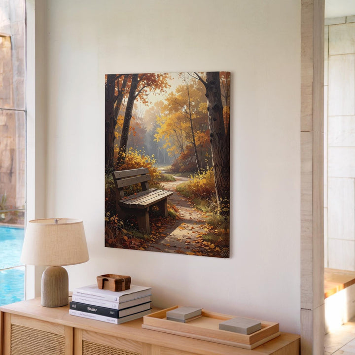 Autumn Solitude Canvas – Golden Forest Path with Empty Bench - Gifitto