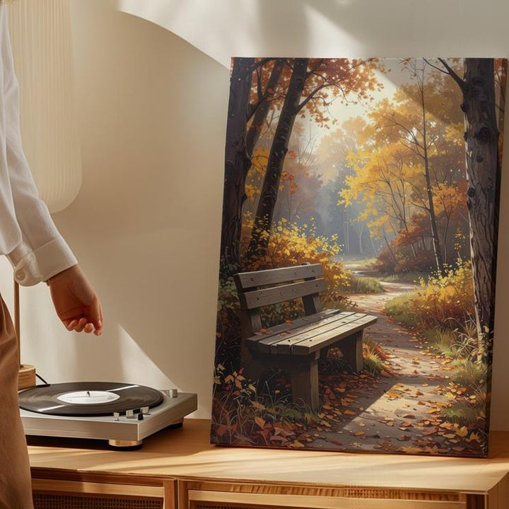 Autumn Solitude Canvas – Golden Forest Path with Empty Bench - Gifitto