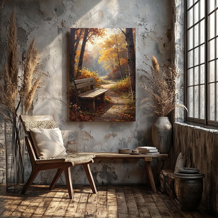 Autumn Solitude Canvas – Golden Forest Path with Empty Bench - Gifitto