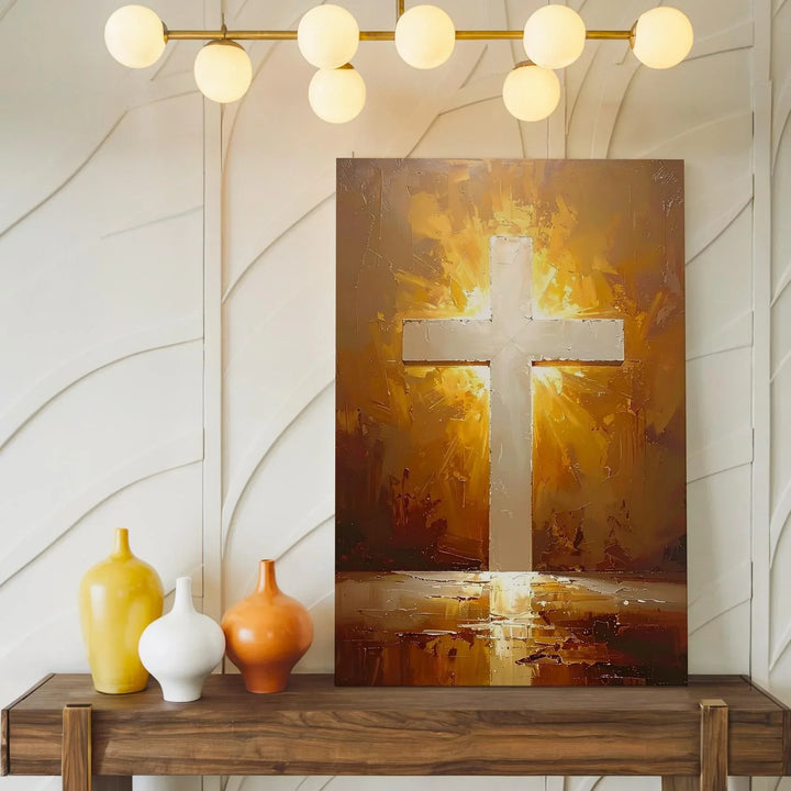 Radiant Golden Cross Canvas – Spiritual Christian Wall Art of Faith and Enlightenment - Gifitto