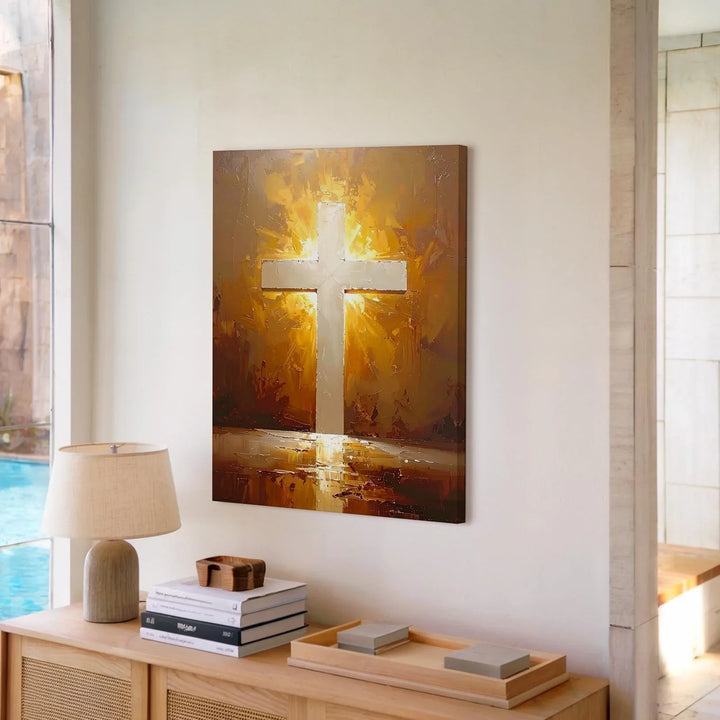 Radiant Golden Cross Canvas – Spiritual Christian Wall Art of Faith and Enlightenment - Gifitto