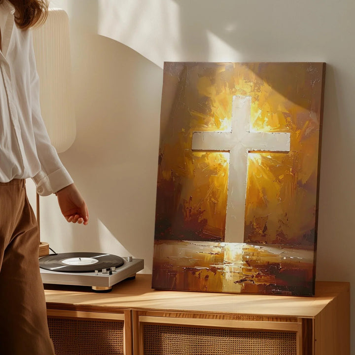 Radiant Golden Cross Canvas – Spiritual Christian Wall Art of Faith and Enlightenment - Gifitto