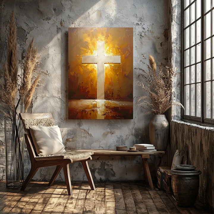 Radiant Golden Cross Canvas – Spiritual Christian Wall Art of Faith and Enlightenment - Gifitto