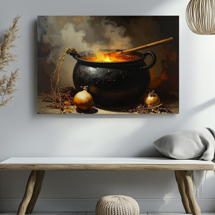 Witch’s Cauldron Canvas – Dark Magical Brewing Scene with Herbs & Smoke - Gifitto