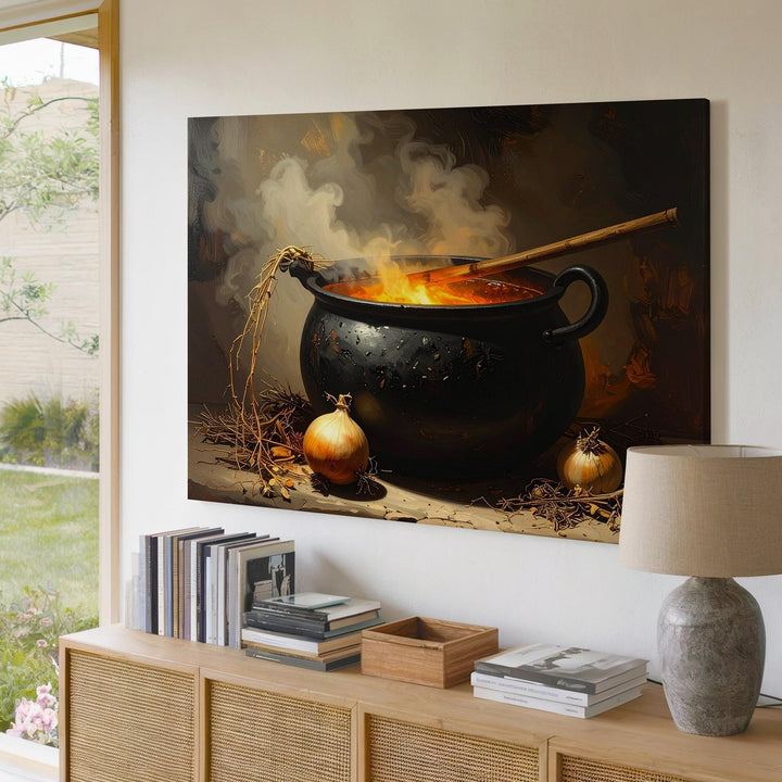 Witch’s Cauldron Canvas – Dark Magical Brewing Scene with Herbs & Smoke - Gifitto