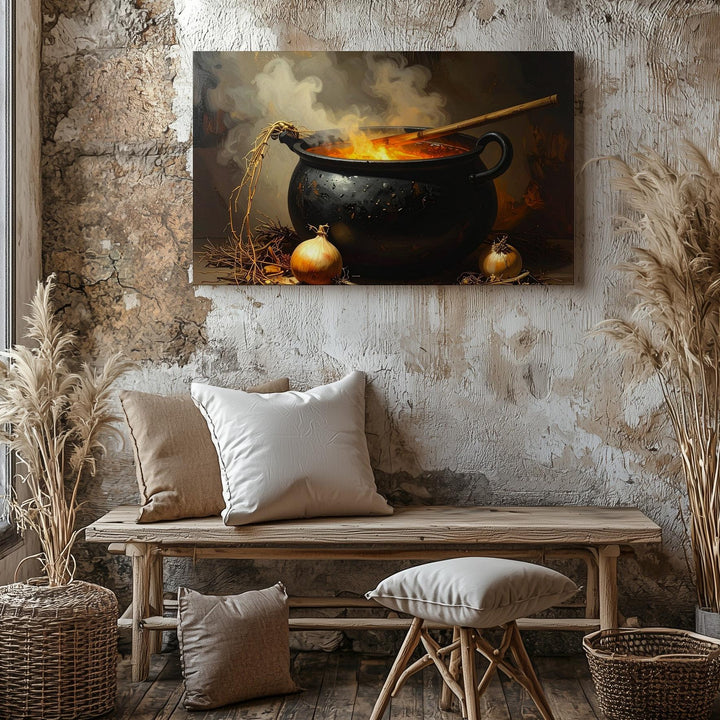 Witch’s Cauldron Canvas – Dark Magical Brewing Scene with Herbs & Smoke - Gifitto