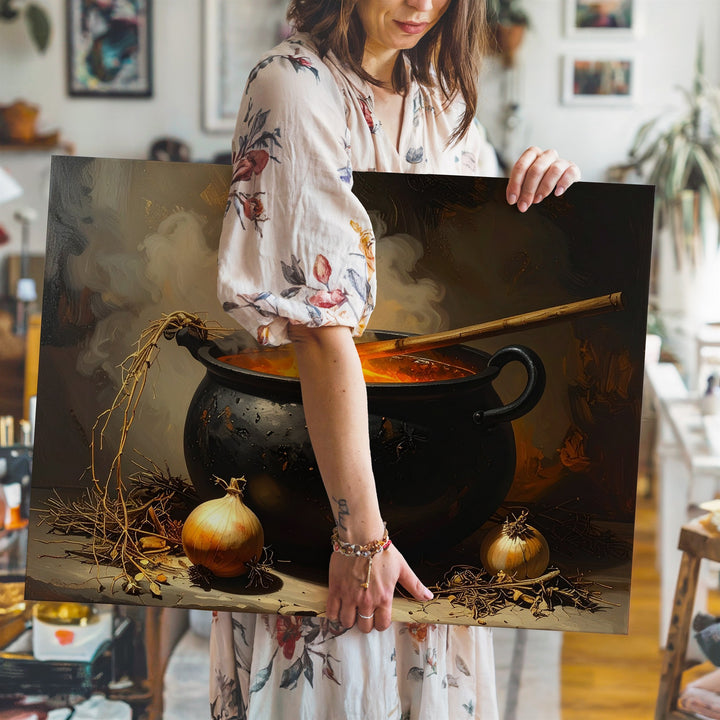 Witch’s Cauldron Canvas – Dark Magical Brewing Scene with Herbs & Smoke - Gifitto