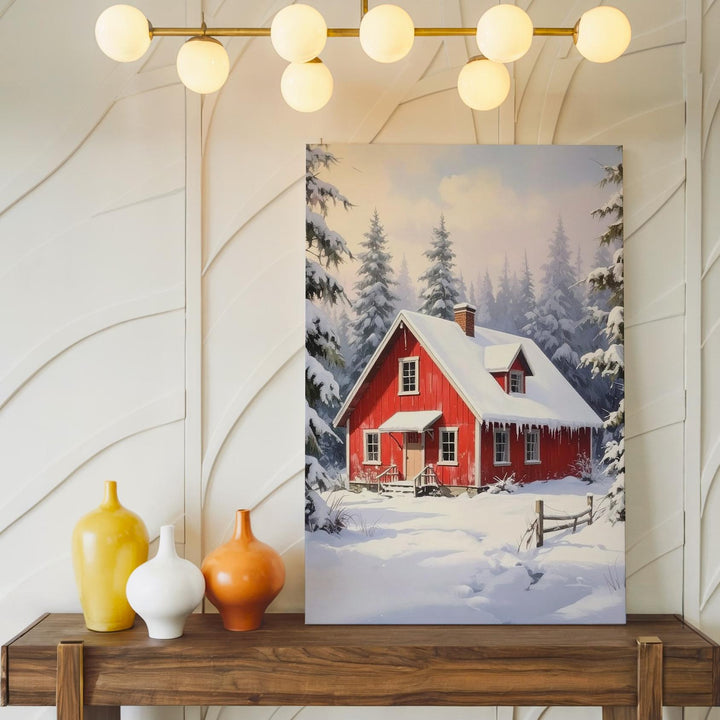Red Vintage Truck with Tree Canvas – Rustic Christmas Forest Wall Art - Gifitto