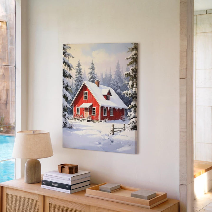 Red Vintage Truck with Tree Canvas – Rustic Christmas Forest Wall Art - Gifitto