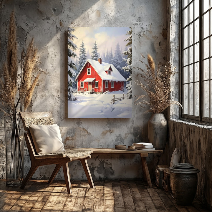 Red Vintage Truck with Tree Canvas – Rustic Christmas Forest Wall Art - Gifitto
